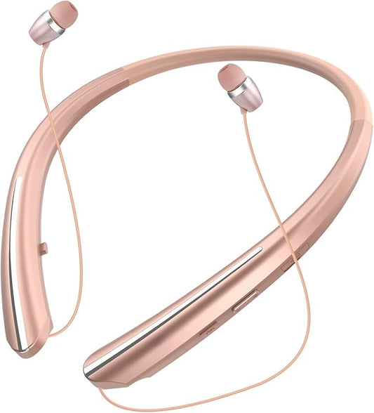 Bluetooth 5.0 Neckband Bluetooth Headphone, Sweat Resistant Noise Cancelling Stereo Headphones, and Retractable Ear Tips for Music, Conference, Videos（Rose Gold）