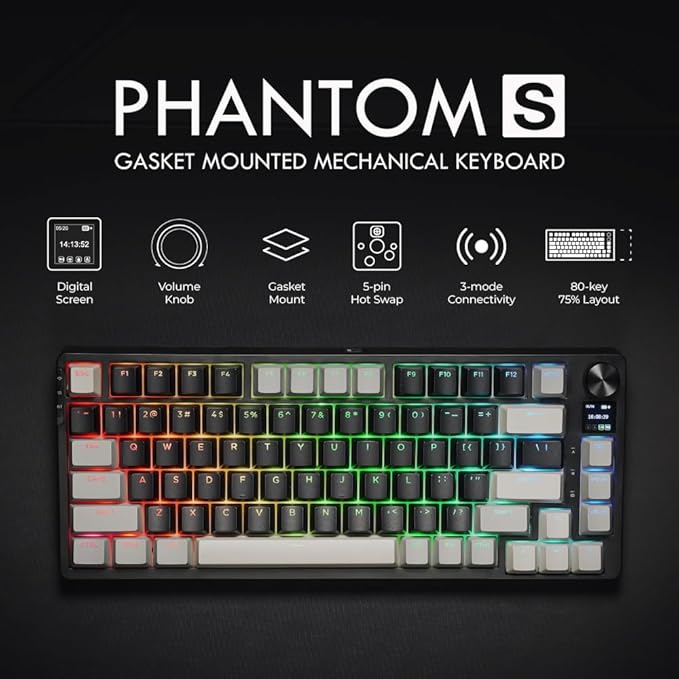 TECWARE Phantom S 75% Gasket-Mounted Mechanical Keyboard w/TFT Display and Knob, Red Switches (Black/Grey) Linear Switch (Red Switch (Linear))