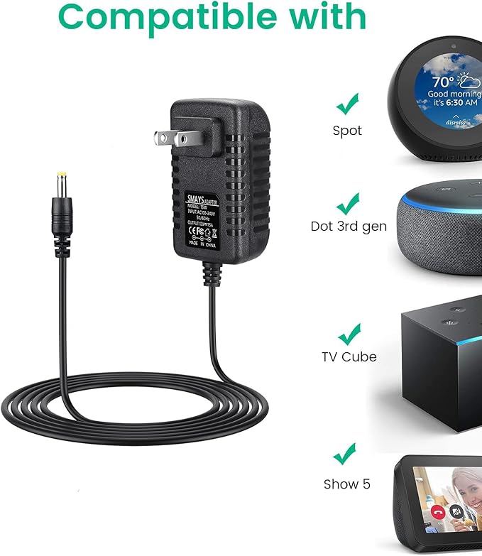 15W Power Adapter for Alexa Fire TV Cube, Echo Dot (3rd / 4th Gen / 5th Gen), Show 5, Spot, Power Cord Supply