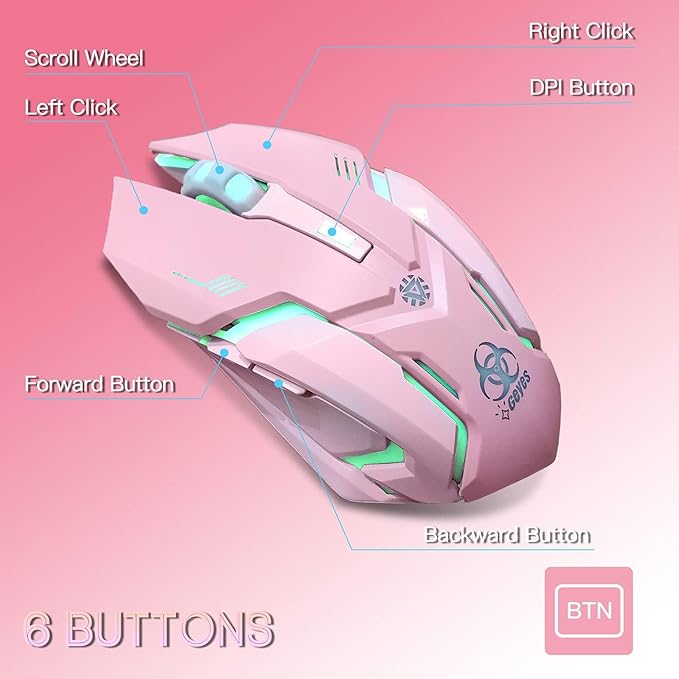 VEGCOO Pink Wireless Gaming Mouse, Silent Click Wireless Mouse with Colorful RGB LED Lights, Rechargeable Computer Mice with Side Buttons and 3 Level DPI, for Laptop and Desktop