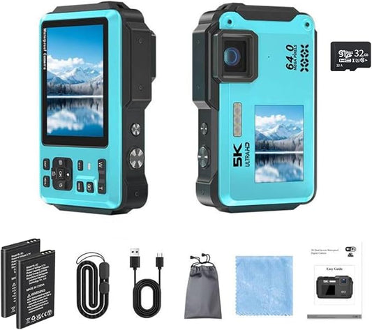 5k Underwater Camera,64mp Waterproof Camera Dual-Screen Selfie Underwater Cameras for Snorkeling 16x Digital Zoom WiFi Waterproof Digital Camera 1200mah Battery (Blue)