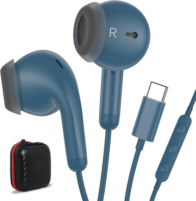 USB C Earbuds USB Type-C Headphones for iPad 10th Generation iPhone 17 16 Pro 15 Plus Galaxy S21 Wired Headphone Earphones with Microphone Volume Control Noise Isolating HiFi Stereo Headset Lake Blue