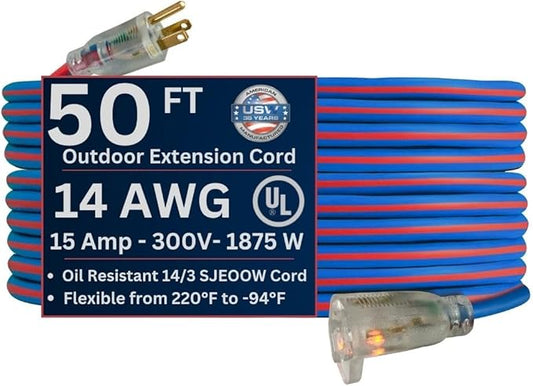 14/3 Gauge x 50-Foot Extreme Cold Weather Extension Cord – Heavy-Duty, 221°F to - 94°F Rating, Lighted Plug, Blue and Red, SJEOOW, Weather-Resistant, Ideal for Outdoor & Indoor Use