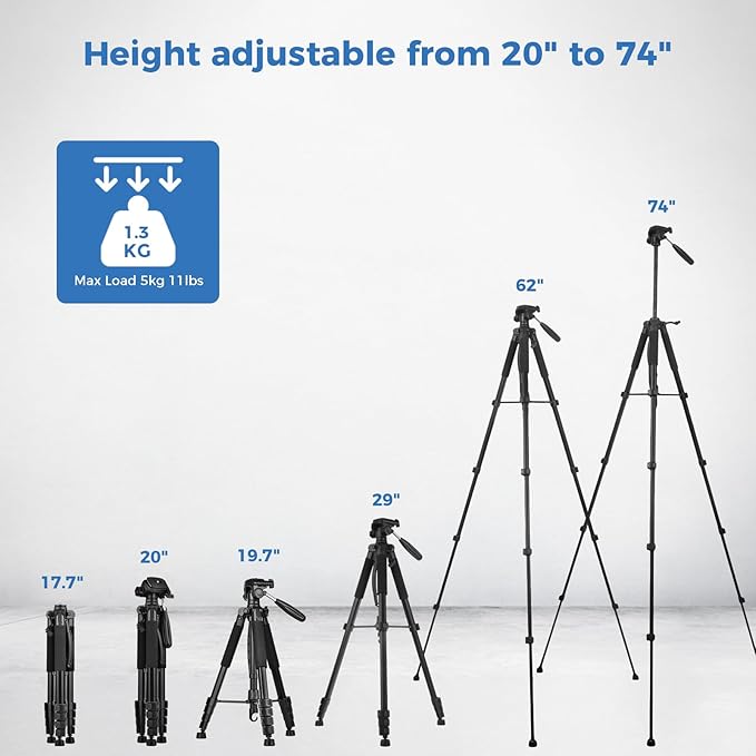 Camera Tripod Stand, LINKCOOL 74 Inch Tall Tripod for Camera Canon Nikon Sony - Lightweight Aluminum Tripod Camera Stand with Detachable Head, Remote Shutter & Phone Mount for Vlog Live Streaming