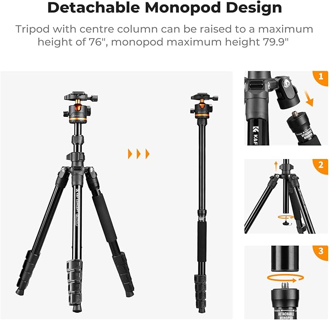 K&F CONCEPT 76" Camera Tripod, Travel Tripod for Camera with 360° Ball Head & Phone Holder, Max Load 17.6lbs, Detachable Monopod, Compact Tripod for DSLR/Smartphone Photography