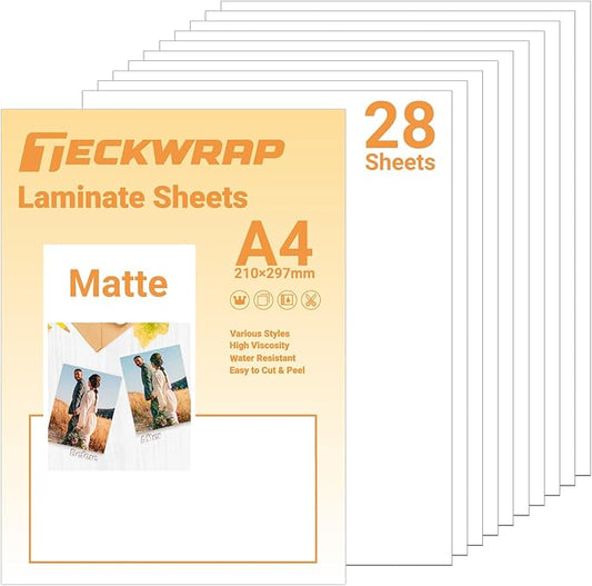 TECKWRAP Matte Laminating Sheets clear laminate sheets Sticker Paper for Inkjet Printer Clear Laminate Sheets for Printable Vinyl Sticker Paper, Photo Paper, Labels 8.26" x 11.69" A4 28 Sheets, Matte