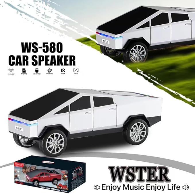 WS-580 Bluetooth Pickup Truck Replica Portable Speaker,with Display Screen,HD Sound, TWS Pairing, FM Radio,Built-in Microphone Hands-Free Calling, LED Party Light,Surprise Gift for Car Lovers(Silver)