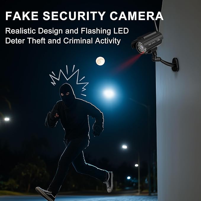 WALI Dummy Fake Camera, Solar Powered Fake Security Camera with LED Light, Simulated Surveillance Security CCTV Dome Cameras with Antenna and Warning Sticker Indoor Outdoor (SOL-TCB4), 4 Packs, Black