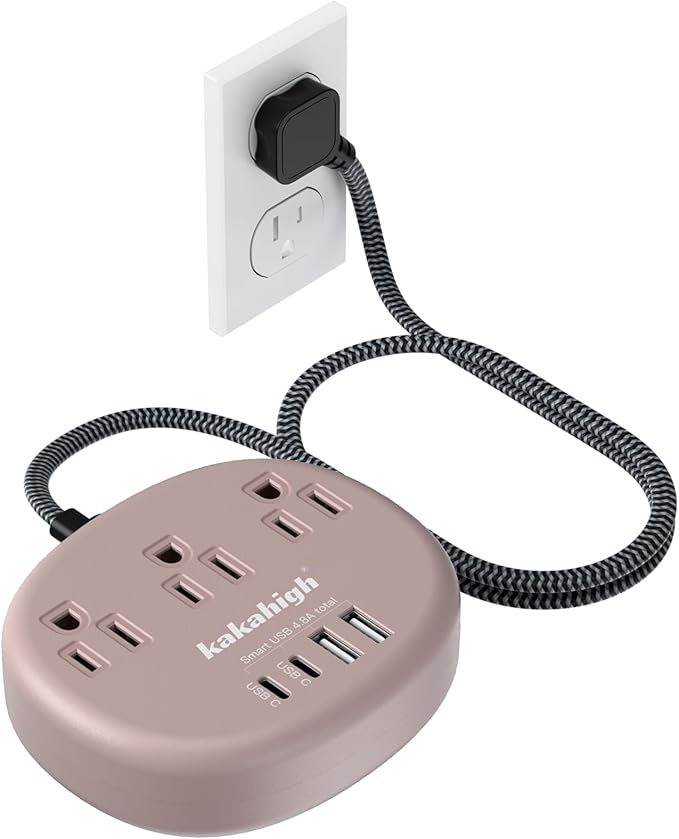 Brown Extension Cord with Surge Protected 1080J - 5 FT Flat Braided Extension Cord, 1625W Tan Extension Cord with 3 AC Outlet 4 USB (24W/4.8A), Compact for Brown Tan Wood Walnut Grain Desk Accessories