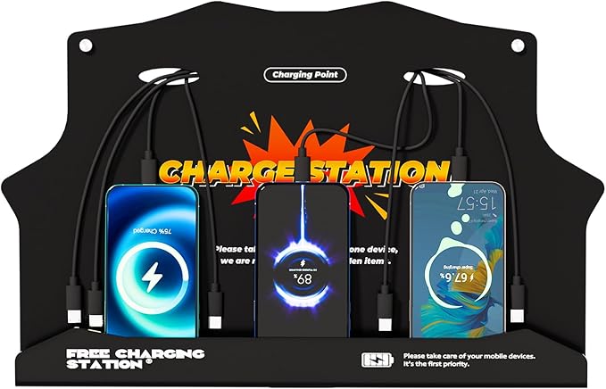 Wall Mounted Cell Phone Charging Station with 8-Port High-Speed Cables – Universal Dock for Apple, Type-C & Android Devices – Ideal for Airports, Hotels, Malls, Offices, Schools (Black)