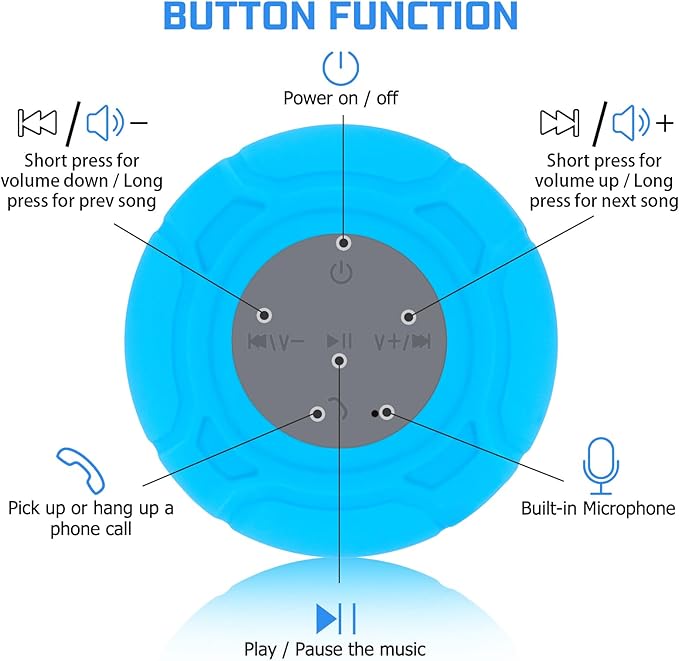 Waterproof Bluetooth Shower Speaker Portable Wireless Water-Resistant Speaker Suction Cup,Built-in Mic Gifts for Kids Speakerphone for iPhone Phone Tablet Bathroom Kitchen - Blue