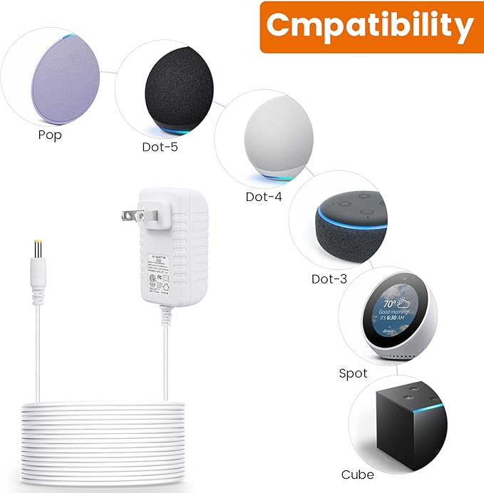 2-Pack 15W Power Cord Adapter for Alexa Dot 5th Gen, 4th, 3rd, Echo Pop, Dot Kids Edition, Spot Smart Speakers - White Wall Charger Plug Long Cable, 5ft