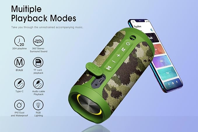 EDUPLINK Bluetooth Speaker, Portable Wireless Speakers, Waterproof Ipx7 Speaker, Music Box, TWS Pairing Stereo, Long Playtime for Girl, Maiden, Women, Girlfriend，Home, Travel, Camouflage