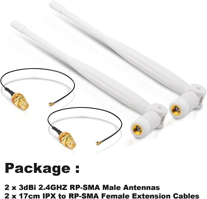 WiFi Security Camera Replacement Antenna Kit 4PCS, 2 x 2.4GHz 3dBi RP-SMA Male Foldable Antenna + 2 x 17CM/6.7" U.FL/IPEX to RP-SMA Female Extension for Reolink Eco Birdfy Wireless Camera, Kaunosta