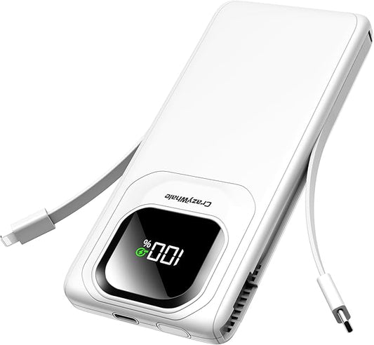 Portable Charger Power Bank with Built-in Type C Cables, 22.5W Fast Charging 10000mAh Phone Charger, Travel Battery Pack Slim Battery Bank with Smart LED Display for iPhone, Android & USB-C Devices