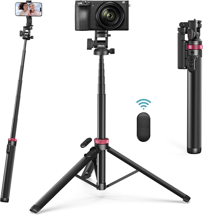 ULANZI MT-78 Extendable Phone Tripod, metal 72.83" Selfie Stick Camera Tripod Stand with 2 in 1 Phone Clip, 360° Ball Head Camera Tripod with cold shoe for iPhone 17 Sony Canon, Lightweight for Travel