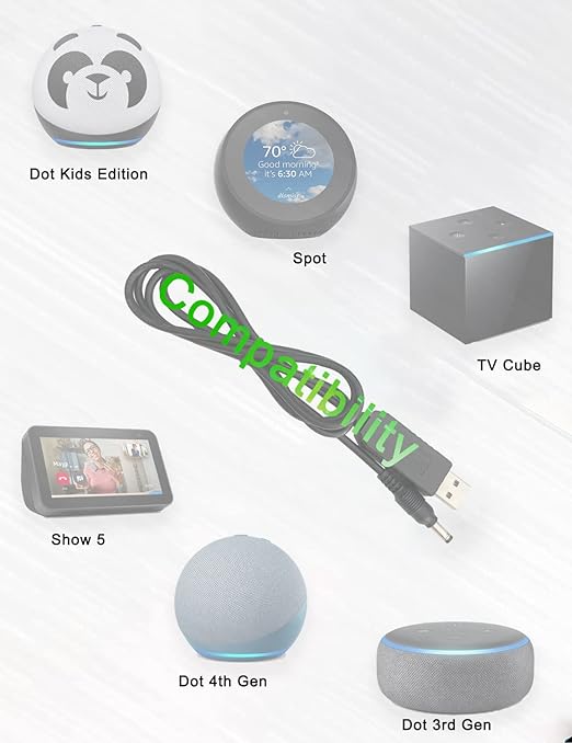 PDEEY USB Charger Cord Replacement for Alexa Echo Dot 3rd Gen, Dot 5th Generation, Dot 4th Gen Charger,(NOT for Echo 4th Gen) - 5V to 12V Set Up Charging Cable 3 FT