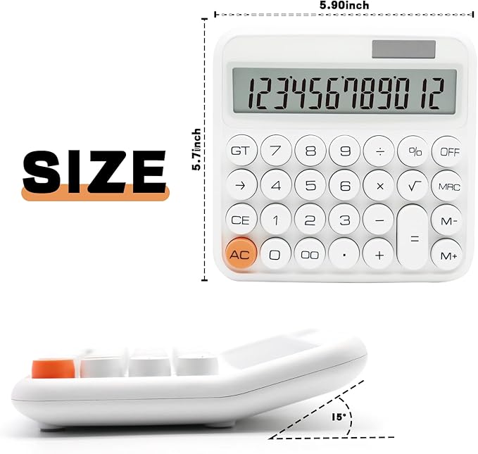 White Calculator, Standard Calculator 12 Digit with Large LCD Display and Big Buttons, White Office Supplies and Desk Accessories for Home, Office, School, Class and Business