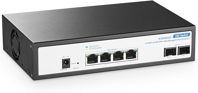 6 Port 10Gbps Managed Switch, 4 x 10G RJ-45, 2 x 10G SFP+ Slots, Support 10G/5G/2.5G/1000M Auto-Negotiation, YuLinca Smart Web Metal Network Switch