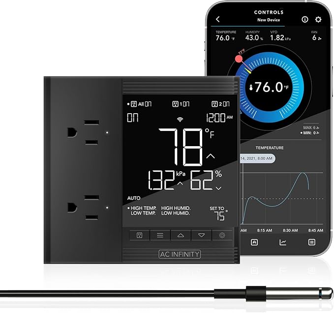 AC Infinity Controller 75 PRO, WiFi Outlet Controller, Independent Programs for Two Devices, Desktop Digital Thermostat with Temperature, Humidity, VPD, & Timer Controls, for Seed Starting Heat Mats