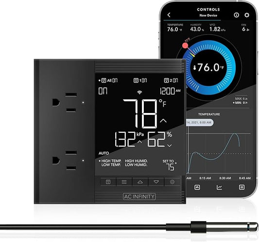 AC Infinity Controller 75 PRO, WiFi Outlet Controller, Independent Programs for Two Devices, Desktop Digital Thermostat with Temperature, Humidity, VPD, & Timer Controls, for Seed Starting Heat Mats