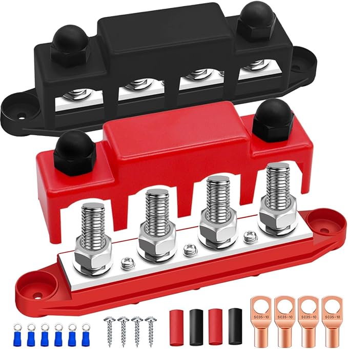250A 12V Bus Bar Marine Power Distribution Block with Cover with 4 x 3/8”Post 3 x #8 Screws Terminals,Battery Bus Bar (Pair,Red & Black),Automotive Busbars 12 Volt for Car Boat Solar Wiring