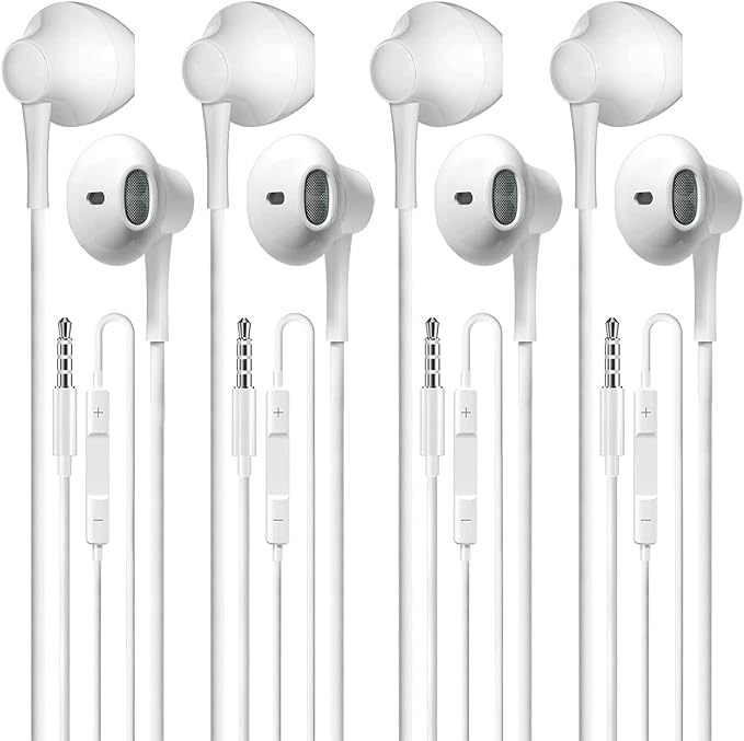 Wired Earbuds Pack of 4, in-Ear Wired Earphones with Microphone Volume Control, Powerful Heavy Bass, High Definition, Headphones Compatible with Android, iPhone, iPod, iPad, MP3 and Most 3.5mm Jack