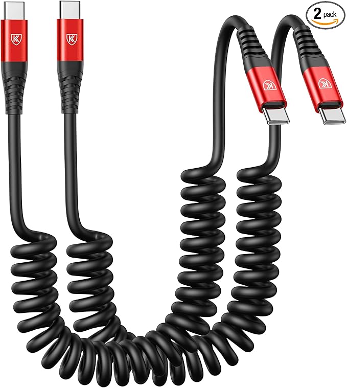 USB C Cable 3ft 2Pack USB C to USB C Charger Cable for Car, Coiled Type C Fast Charging Cable for iPhone 17/16/15/Plus/Pro/Pro Max/MacBook Pro 2020/iPad Pro 2020/iPad Air 4/Samsung Galaxy S23-Red