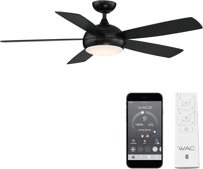 WAC Smart Fans Odyssey Indoor and Outdoor 5-Blade Smart Home Ceiling Fan 52in Matte Black with 3000K LED Light Kit and Remote Control works with Alexa and iOS or Android App