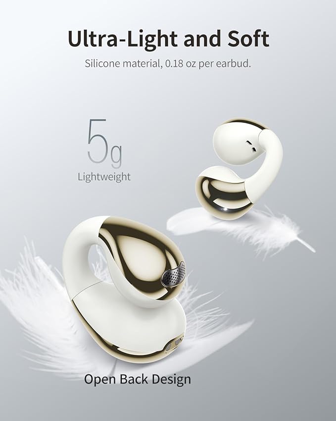 Open-Ear Earbuds, Clip-On Headphones, Open-Ring Comfort Wireless Bluetooth Earbuds, Dual Connection, 30H Playtime, Comfortable for Workouts and Daily Use, White