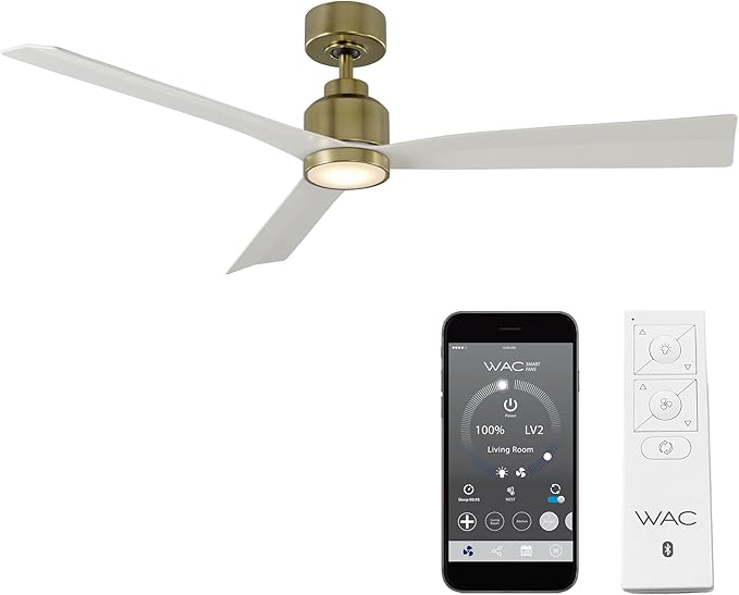 WAC Smart Fans Clean Indoor and Outdoor 3-Blade Smart Ceiling Fan 52in Satin Brass Matte White with 3000K LED Light Kit and Remote Control works with Alexa and iOS or Android App