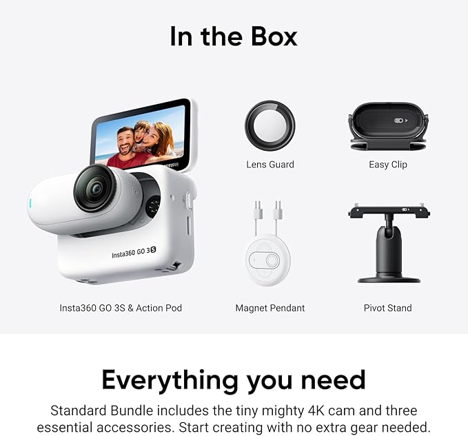 Insta360 GO 3S - 64 GB White 4K Tiny Portable Vlogging Camera, Hands-Free POVs, Mount Anywhere, 140 Min Battery Life, 10m Waterproof, Pet POV