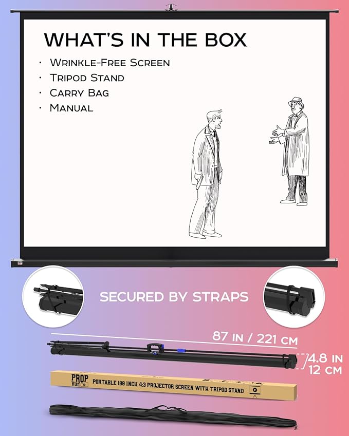 PropVue Projector Screen with Stand 100 inch - Indoor and Outdoor Projection Screen for Movie or Office Presentation - Adjustable from 16:9 to 4:3 HD Premium Wrinkle-Free Tripod Screen