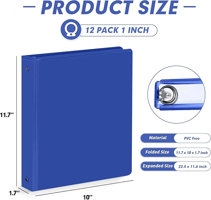 3 Ring Binder 1 Inch, PANDRI 12 Pack 1-Inch Binder Fits Letter Size 8.5'' x 11'' Paper, Versatile Binders for Office Home School, 2 Pockets, Assorted 6 Color