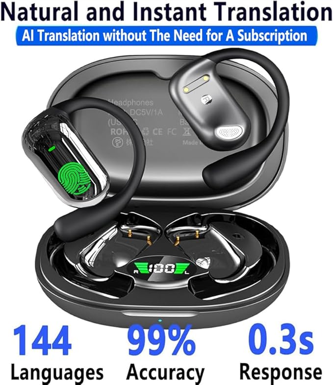 Ai Translation Earbuds Real Time Translator Headphones Audifonos Traductores Inglés Español, Open Ear Translating Wireless Earphones Perfect for Travel, Business & Language Learning