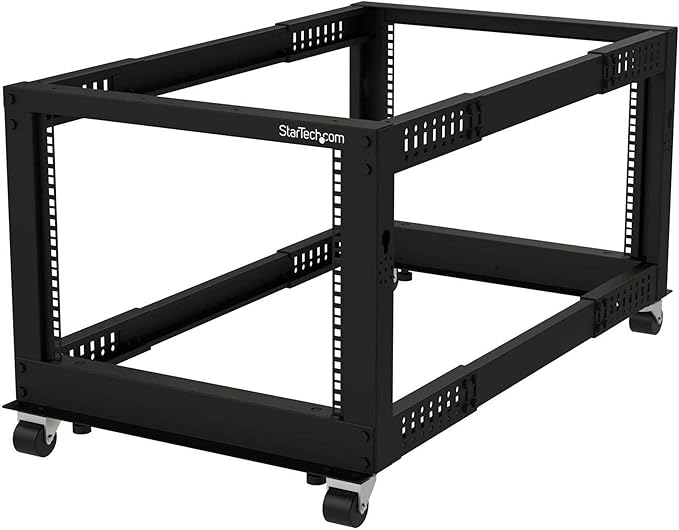 StarTech.com 4-Post 8U Mobile Open Frame Server Rack, 19in Network Rack with Wheels, Small Rolling Rack for Computer/AV/Data/IT Equipment, Casters, Leveling Feet or Floor Mounting (4POSTRACK8U)
