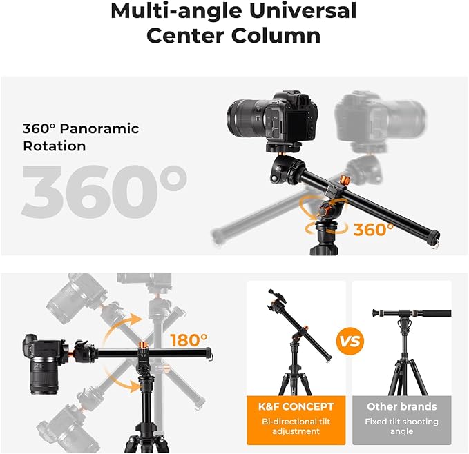 K&F Concept 76 inch Camera Tripod with Rotatable Multi-Angle Center Column,Lightweight Travel Outdoor DSLR Tripods with 360 Degree Ball Head Load Capacity 8kg/17.6lbs, Cellphone Clips for Smartphone