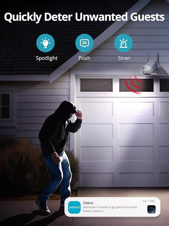 DEKCO Home Camera Outdoor 2K Pan Rotating 180° Wired Outdoor Security Cameras with Color Night Vision, 2.4G WiFi, AI Human Auto Tracking, Work with Alexa/Google Assistant (4 Pack)