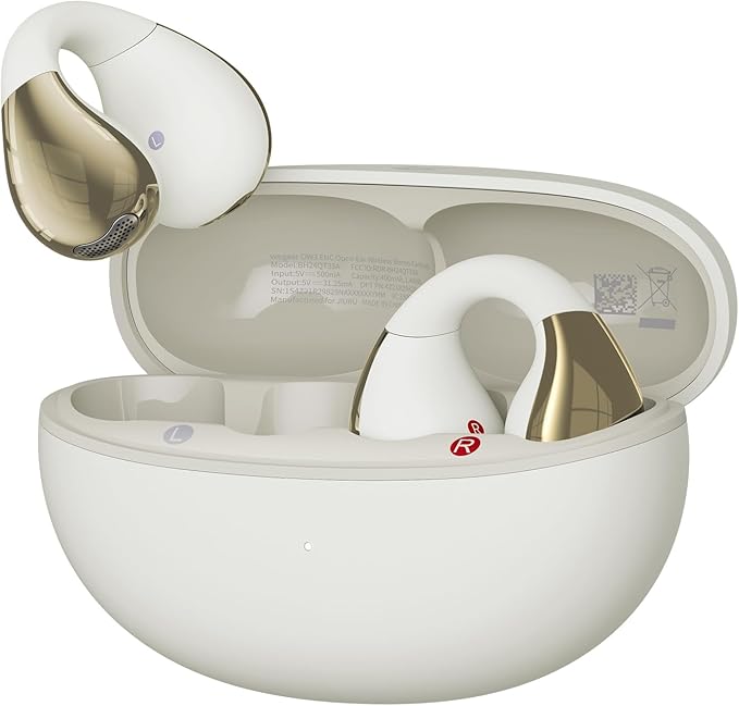 Open-Ear Earbuds, Clip-On Headphones, Open-Ring Comfort Wireless Bluetooth Earbuds, Dual Connection, 30H Playtime, Comfortable for Workouts and Daily Use, White
