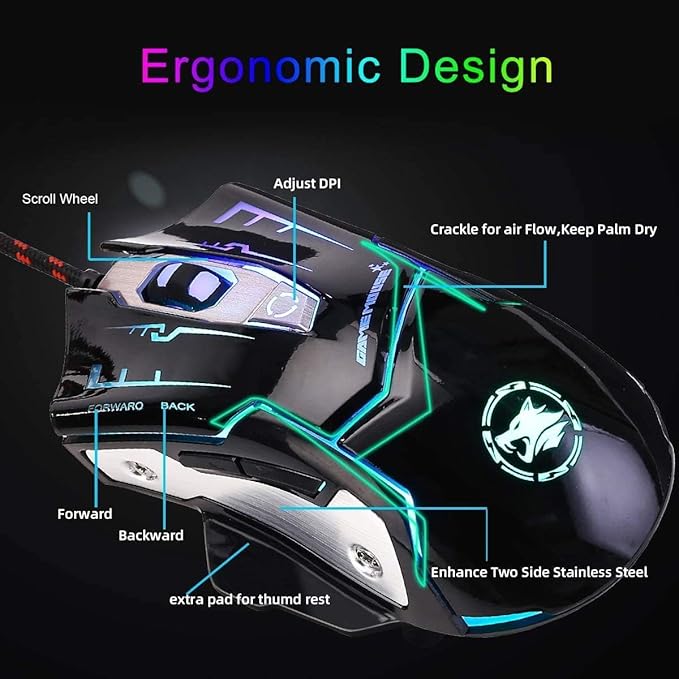 RGB Light up Wired Gaming Mouse for Computer - Durable USB Led Laptop Mice w/ 7 Color Backlit, 4 Adjust DPI Up to 3200 for Gaming, Silent & Stable PC Corded Mouse for Mac MacBook Windows Linux PS4