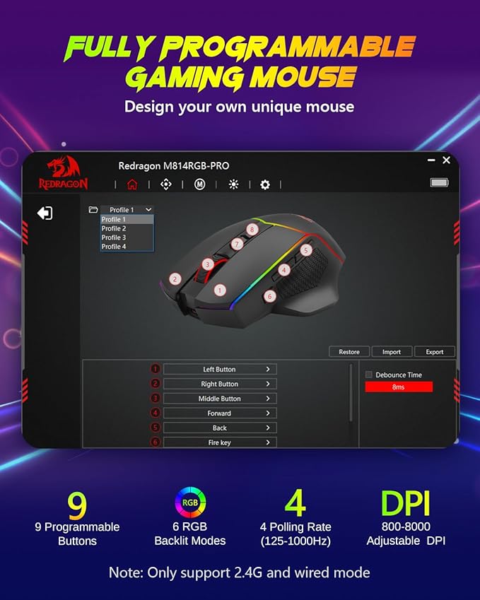 Redragon Wireless Gaming Mouse, Tri-Mode 2.4G/USB-C/Bluetooth Ergonomic Mouse Gaming, 8000 DPI, RGB Backlit Programmable Wireless Mouse, Rechargeable, 250 Hrs for Laptop PC Mac, M814
