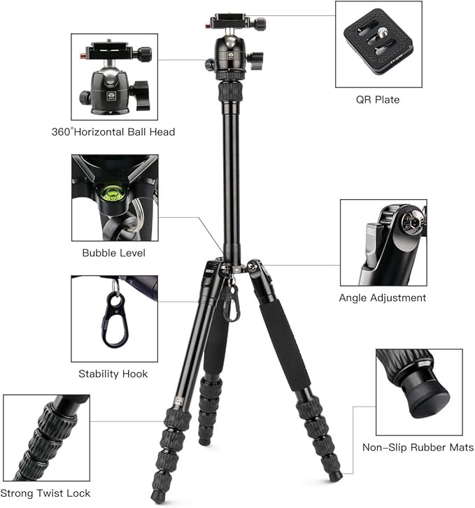 SIRUI Traveler 5AX 52″Aluminum Camera Tripod, 360° Panorama B-00K Ball Head and Arca Swiss Quick Release Plate, Folded Height 12.4", Load up to 6kg/13.2lbs