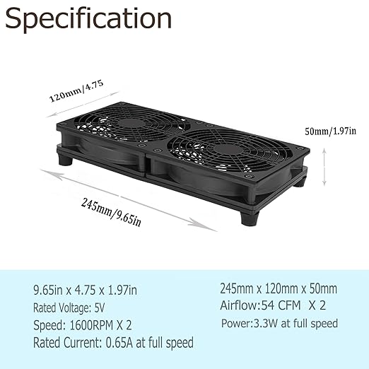 VTRETU Cooling Fan, Dual 120mm Fan for Router Rack DIY Audio Video Network Cabinet Server Cooling Project and Equipment Workstation Xbox PS5 Cooling Accessories 240 * 120 * 25mm