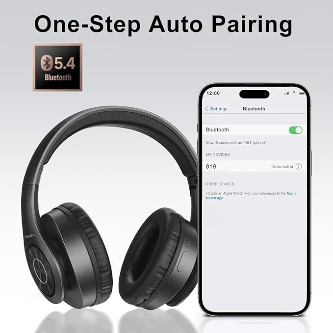 TUINYO Bluetooth Headphones, Over Ear Stereo Wireless Headset 40H Playtime with Deep Bass,Soft Memory-Protein Earmuffs,Built-in Mic Wired Mode PC/Cell Phones-Black
