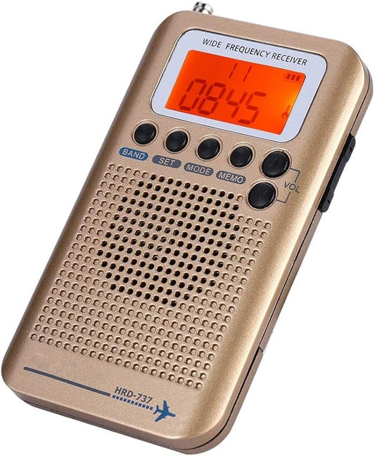 Portable Radio, Aircraft Band Radio Receiver Scanner with 4 Search Modes, Retractable Antenna and Digital LCD Display, Full Band Radio Recorder (Gold)