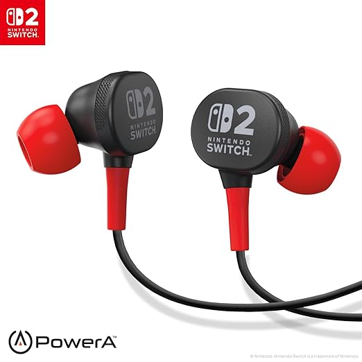 PowerA Wired Earbuds for Nintendo Switch 2- Black, Officially Licensed, 8 mm Speaker Drivers, in-Ear Design, 3 Swappable Tips, Includes Drawstring Storage Bag