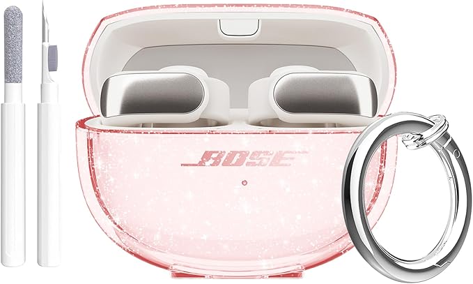 for Bose Ultra Open Earbuds Case Clear Pink Glitter,Cute Sparkle Bling for Bose Ultra Open Case Cover 2024,Soft TPU Cover for Bose Open Ear Earbuds Accessories with Carabiner and Cleaning Pen