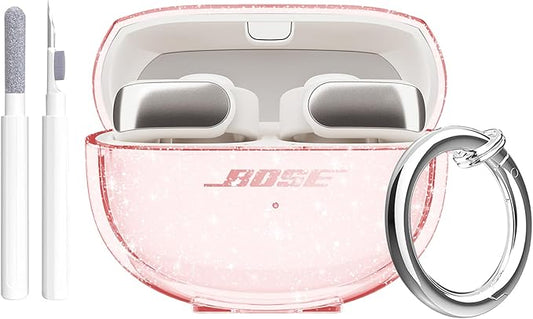 for Bose Ultra Open Earbuds Case Clear Pink Glitter,Cute Sparkle Bling for Bose Ultra Open Case Cover 2024,Soft TPU Cover for Bose Open Ear Earbuds Accessories with Carabiner and Cleaning Pen