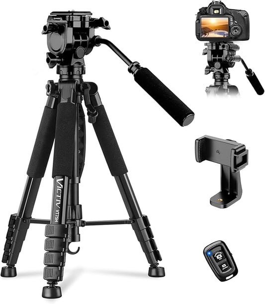 Camera Tripod, 75” Heavy Duty Tripod for Camera with Phone Holder and Travel Bag, Compatible with Video Camera, DSLR, Spotting Scopes, Camcorder, GoPro, Cell Phone, Max Load 16LB (Black)