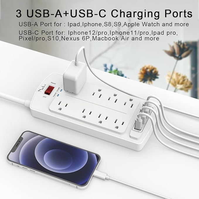 Surge Protector Power Strip - Nuetsa Flat Plug Extension Cord with 8 Outlets and 4 USB Ports, 20 Feet Power Cord (1625W/13A), 2700 Joules, ETL Listed, White